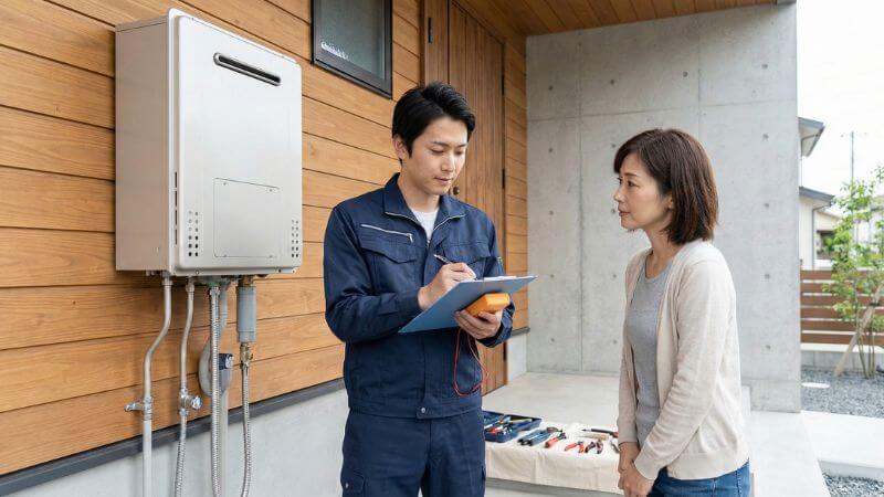 給湯器を点検する専門技術者と説明を受ける住宅所有者