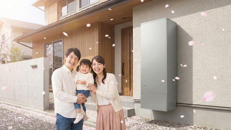 新しいエコ給湯器の設置完了と満足げな家族