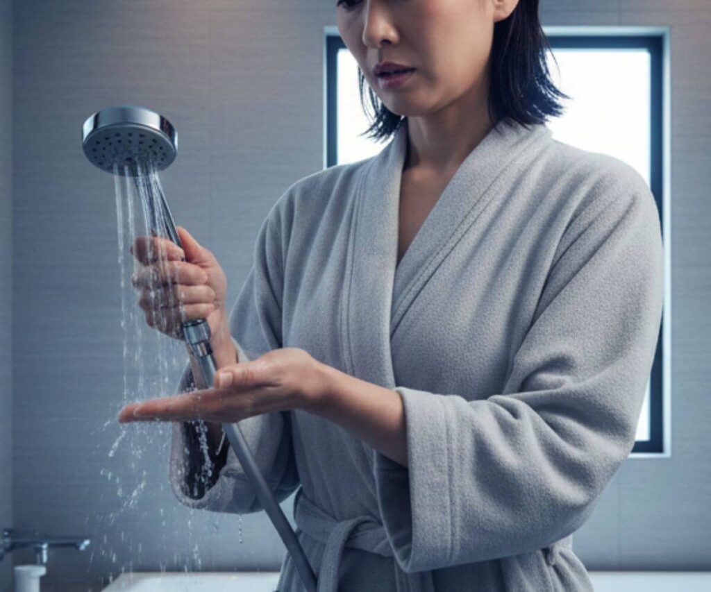 シャワーから水は出るがお湯にならない状況を確認し困惑する女性