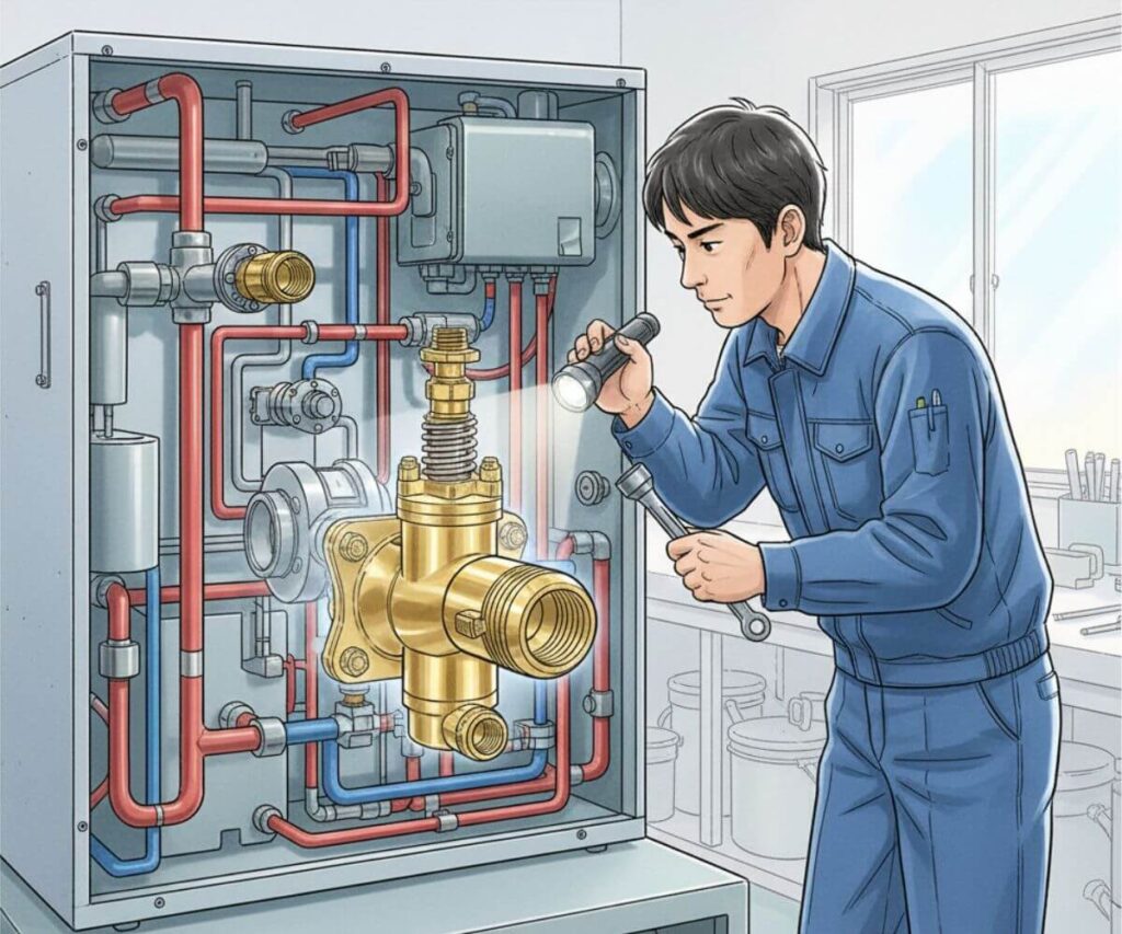 エコキュート貯湯タンク内部の点検を行う専門業者と給湯混合弁のイメージ