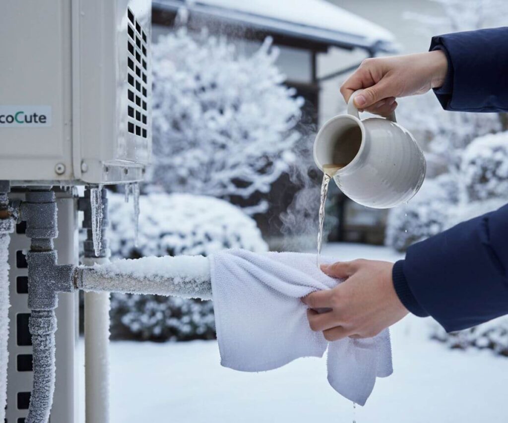 凍結したエコキュートの配管にタオルを巻きぬるま湯をかけて解凍する正しい対処法