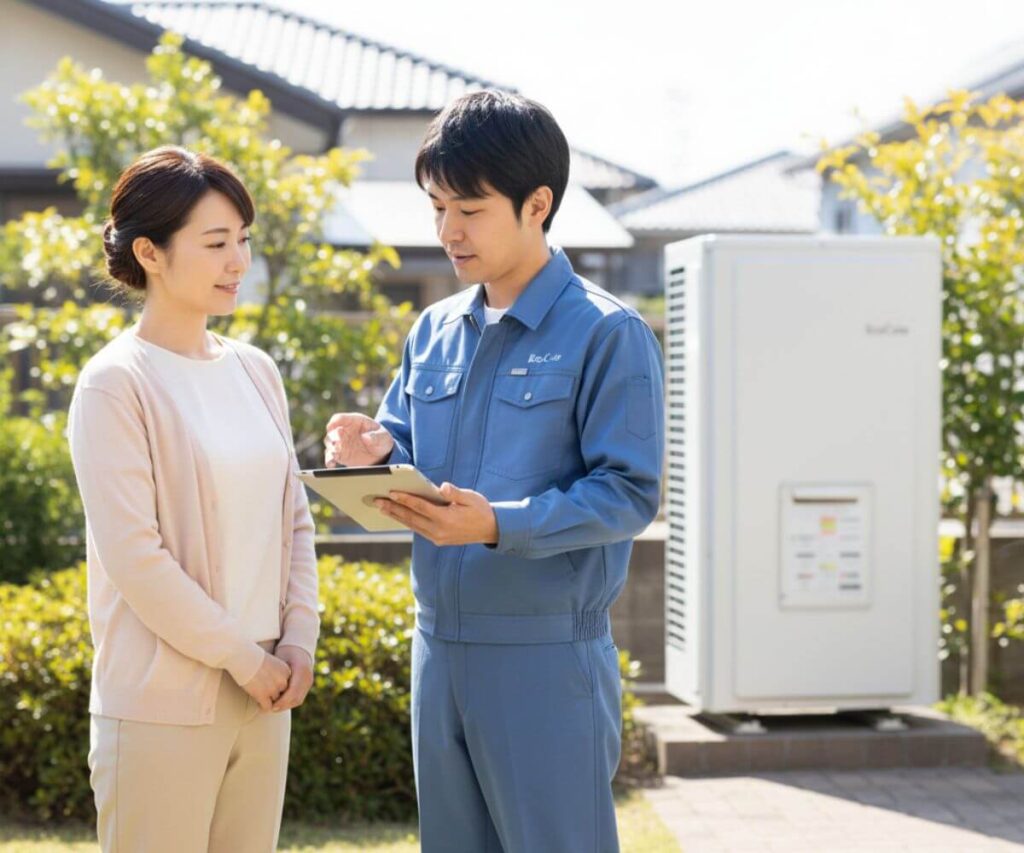 エコキュートの修理について専門業者から説明を受けている安心感のある風景
