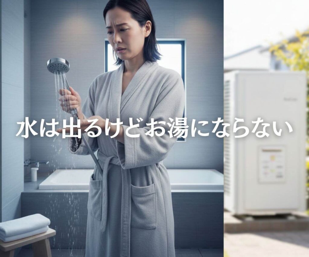 シャワーから水は出るがお湯にならないトラブルに直面する女性と、ダイキン製エコキュート本体のイメージ