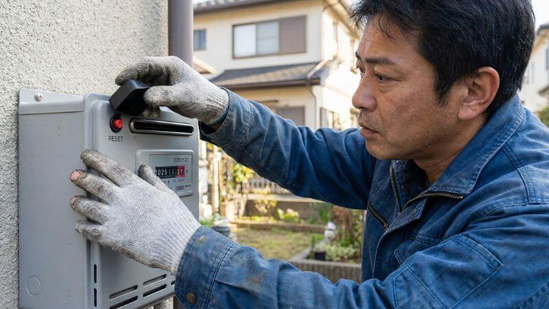 屋外のガスメーターで復帰ボタンの位置を確認する男性の様子