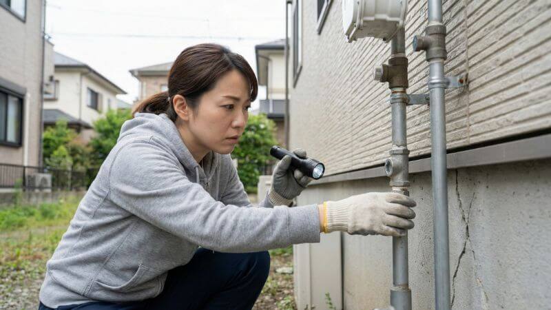 地震後の安全確認でガス配管に損傷がないか慎重に点検する女性