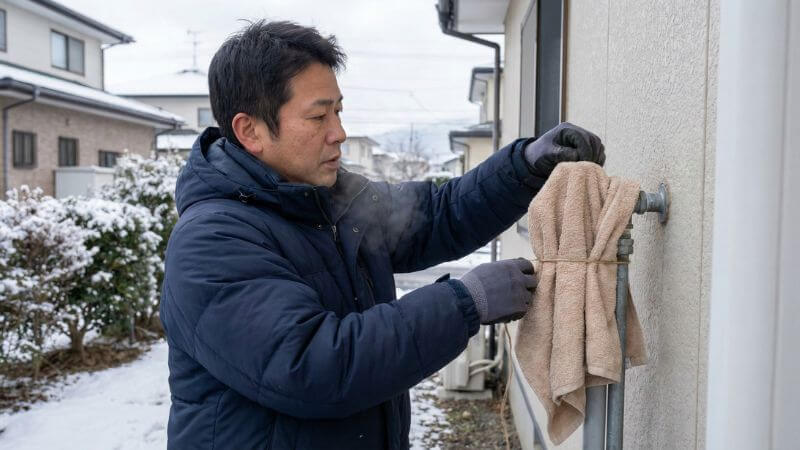 冬季の凍結対策として屋外配管にタオルを巻いて保温する男性