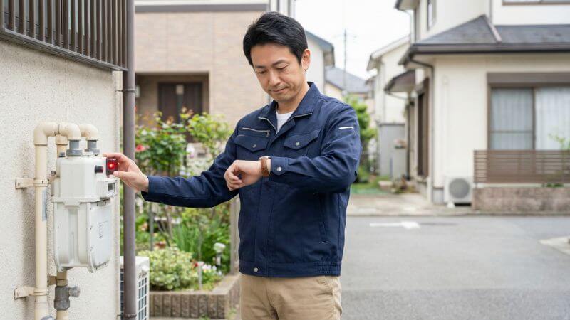 ガスメーターの復帰ボタンを押した後、腕時計を見ながら3分間待機する男性