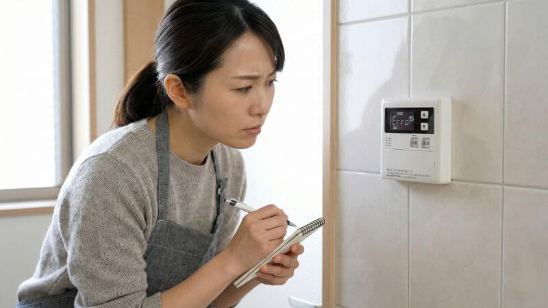 給湯器リモコンに表示されたエラーコードを確認してメモを取る女性