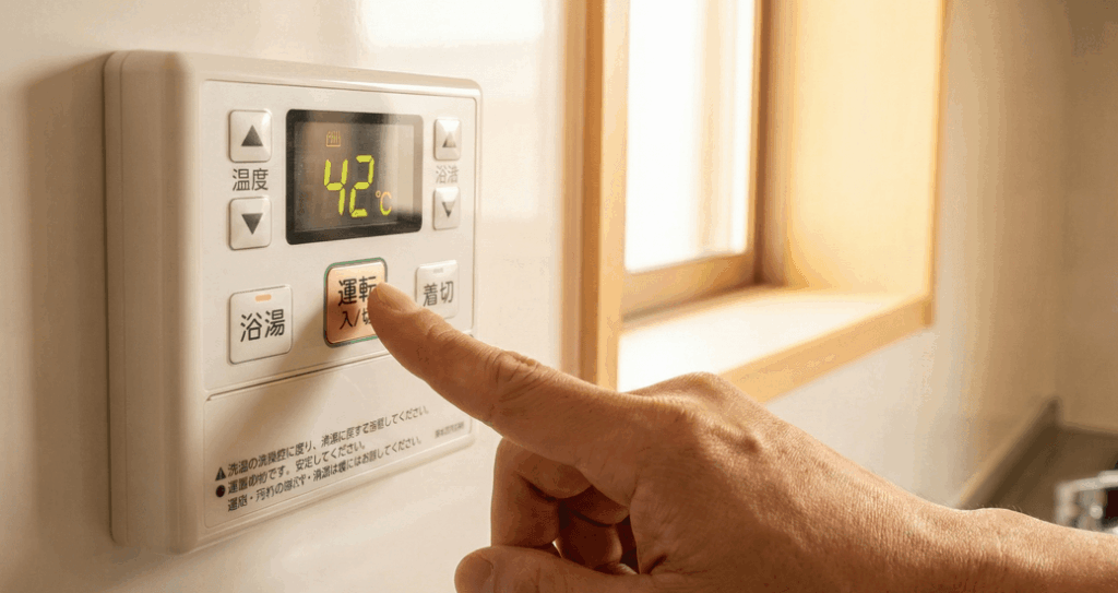給湯器リモコンの運転スイッチを操作してリセットしている手元の様子
