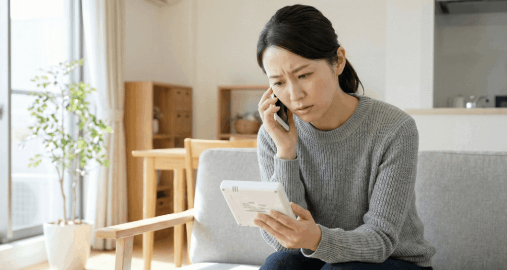 入居者が管理会社に給湯器の不具合について電話で相談している様子