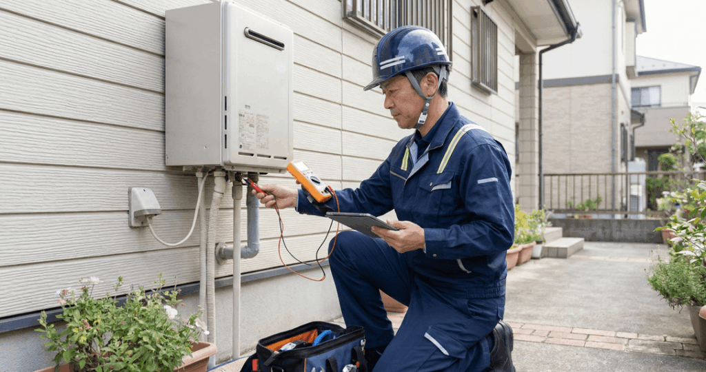 専門技術者が給湯器の点検作業を行っている様子