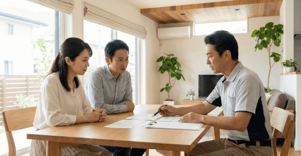 夫婦が給湯器の修理か交換かを業者と相談している様子