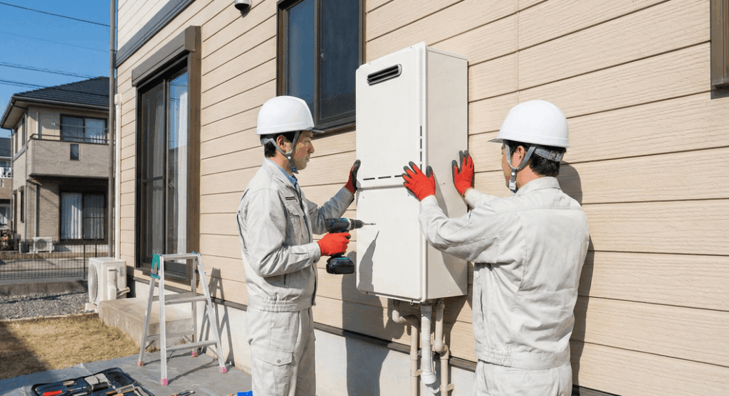 専門業者が新しい給湯器の交換工事を行っている作業風景