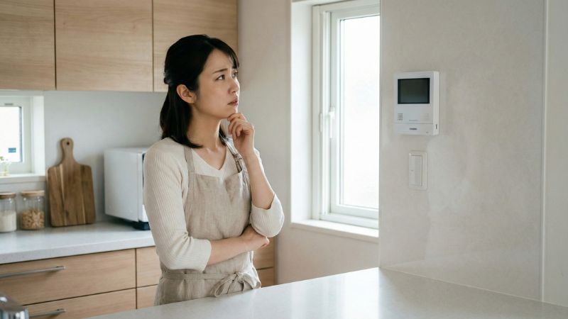 キッチンの給湯器リモコンを見てお湯が出ず困っている女性