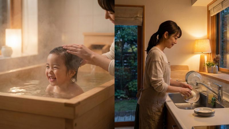 浴室で入浴する子供とキッチンで家事をする親、給湯器の優先機能による安全な生活イメージ