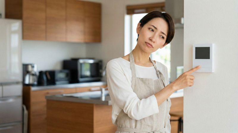 キッチンリモコンの操作が効かず温度変更ができなくて戸惑う様子