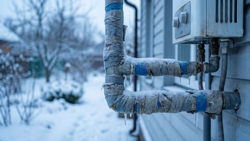 冬場の寒さで凍結した給湯器の配管と保温材のイメージ