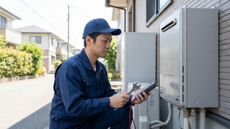 屋外の給湯器を点検・修理している専門業者の男性スタッフ