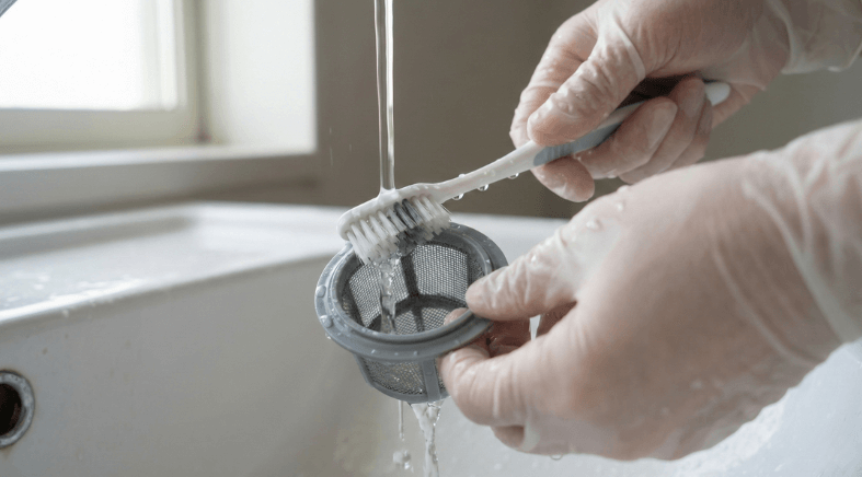 給湯器の水抜き栓フィルターの清掃作業、歯ブラシでフィルターを洗浄している様子