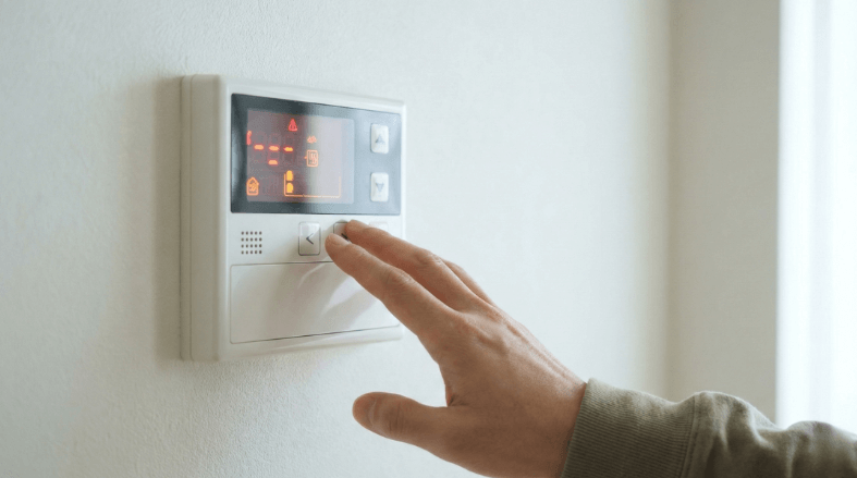 給湯器のリモコンパネルにエラーコードが表示されている状態、手が操作ボタンに触れている