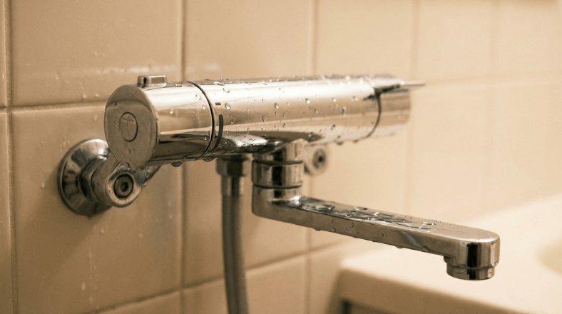 浴室のサーモスタット混合水栓、温度調整ハンドルと水の出る蛇口部分のクローズアップ