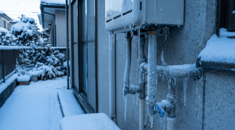 冬季に凍結した給湯器の配管、霜や氷が付着している屋外の給水パイプ