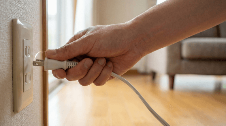  給湯器の電源プラグをコンセントから抜いている様子、リセット作業を表