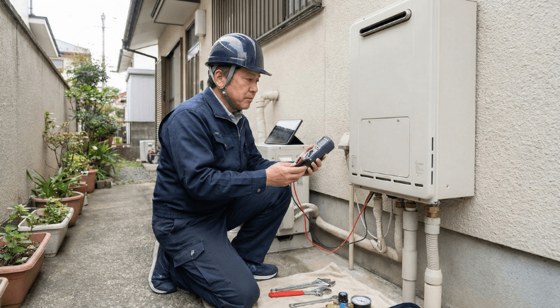 専門業者が給湯器を点検している様子、技術者が工具を使って診断作業を行っている