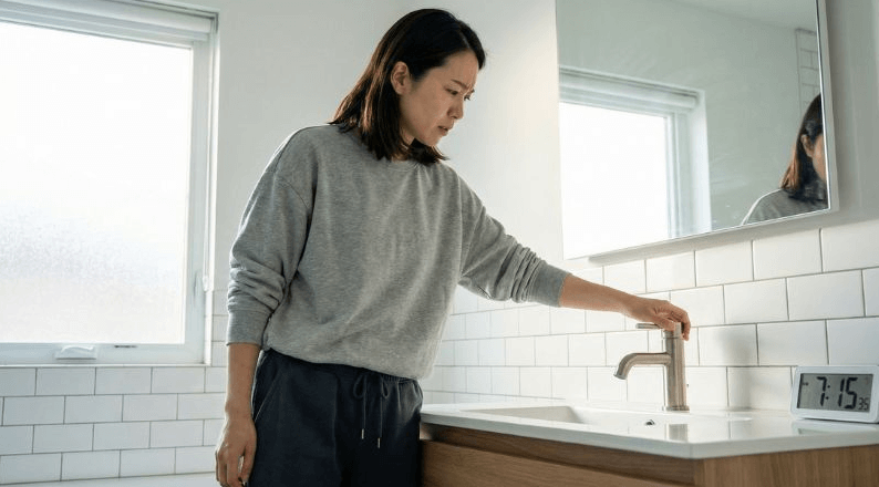 朝の浴室で蛇口をひねるがお湯が出ず困っている女性の様子