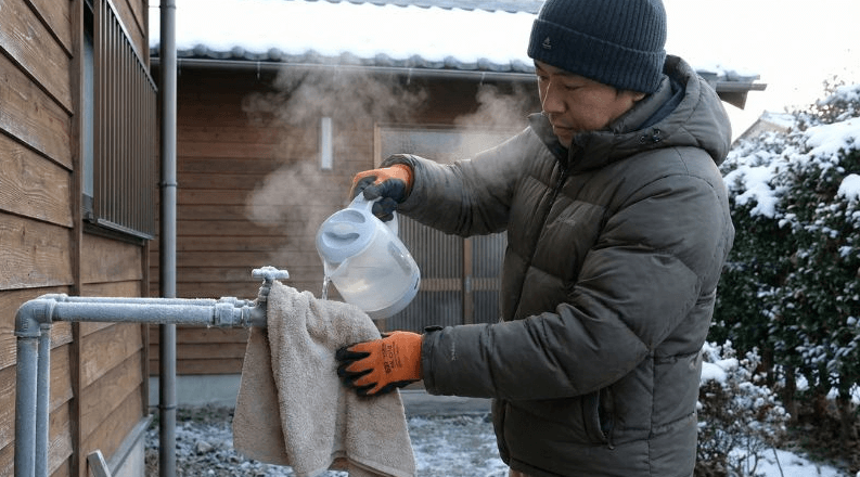 冬の屋外で凍結した給湯器配管にタオルを巻いてぬるま湯をかける対処作業