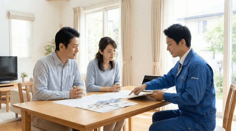 給湯器の修理と交換を比較検討する夫婦と専門業者