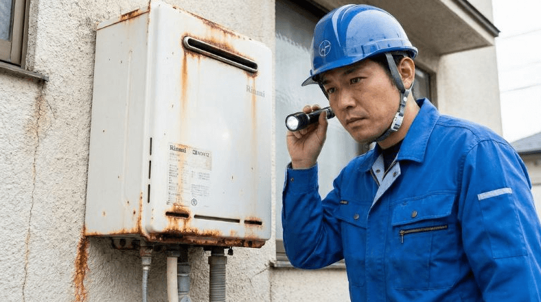 経年劣化で錆びや変色が見られる古い給湯器本体を点検する専門業者