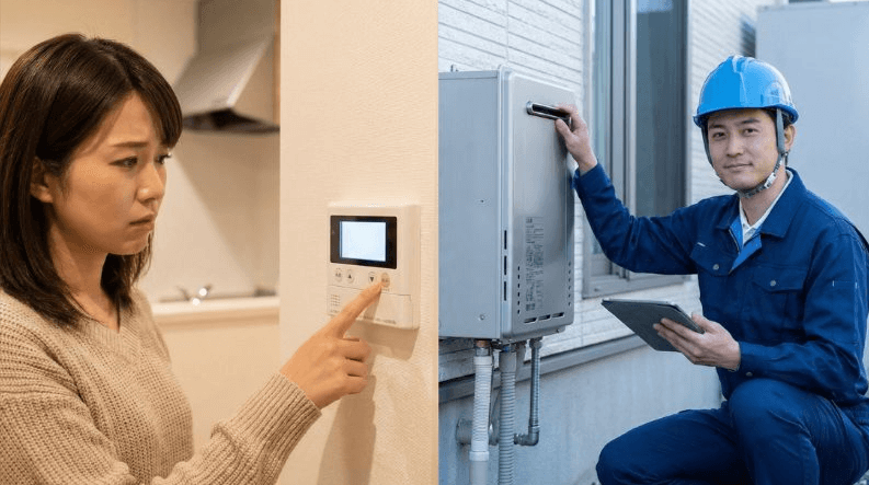 パーパス給湯器のエラーで困る人と解決する専門業者の対比イメージ