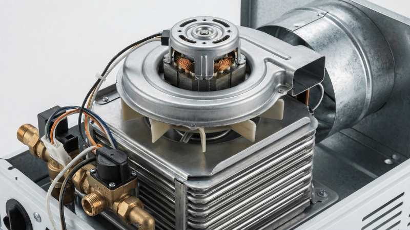 給湯器のファンモーターと内部構造の詳細図