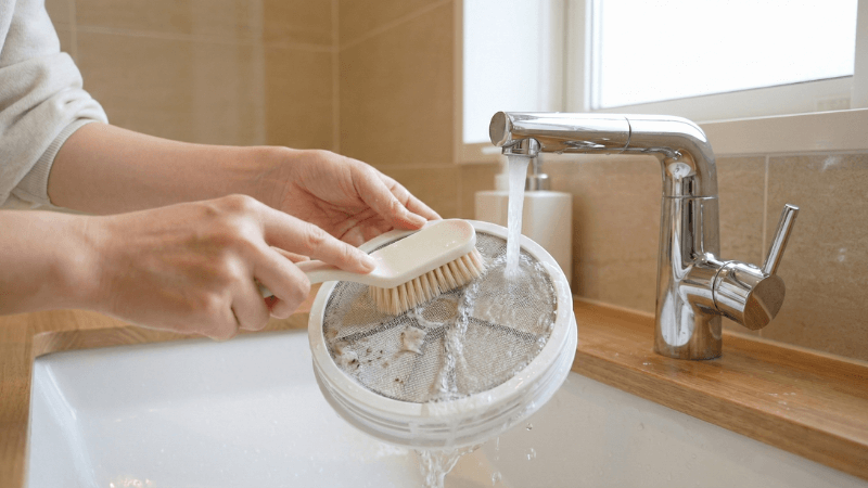 浴槽の循環アダプターフィルターを清掃している手元