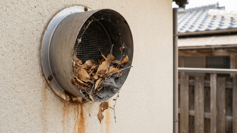 給湯器の排気口に落ち葉やゴミが詰まっている状態
