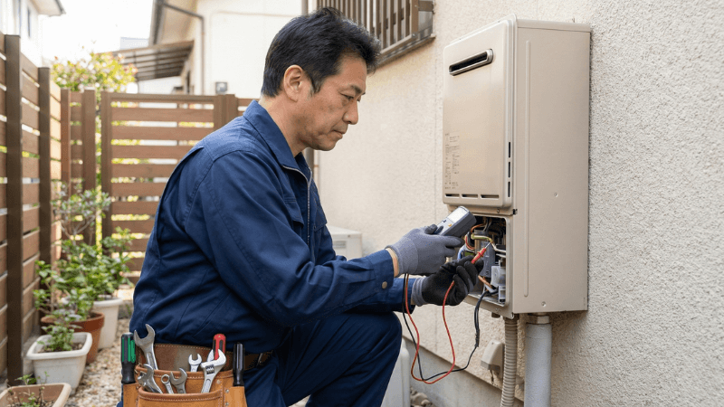 給湯器を点検する専門業者の作業風景